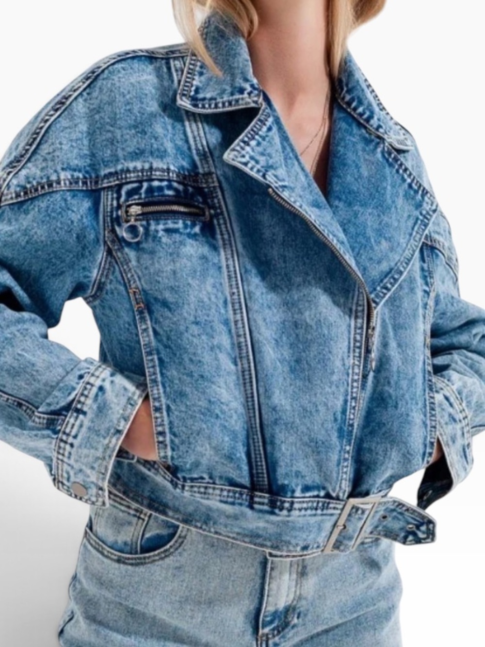 Q2 Premium Denim Acid Wash "Sabrina" Moto Asymmetrical Zip Biker Jacket M